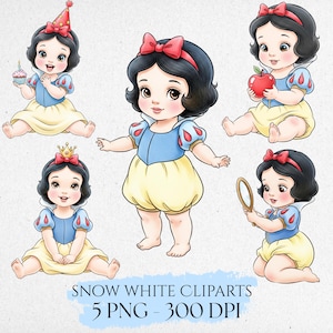 Clipart de bebê fofo de Branca de Neve em aquarela, Branca de Neve PNG, Clipart de princesa, Desenhado à mão, Clipart de Branca de Neve em aquarela, Decoração de festa de princesa
