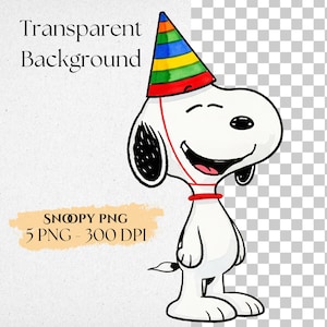 K&ouml;nnte beinhalten: Cartoon-Illustration von Snoopy mit einer Partyhut mit Regenbogenstreifen und einem roten Kragen. Das Bild enth&auml;lt den Text "Transparent Background" und "SNOOPY PNG 5 PNG - 300 DPI". Der Hintergrund ist transparent.