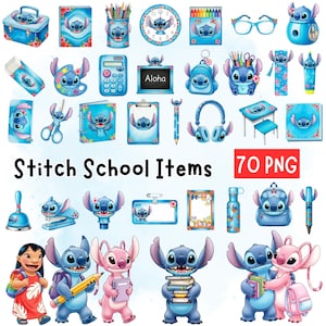 May include: A collection of 70 PNG images featuring Stitch-themed school supplies. The images include a lunchbox, notebooks, pencils, a clock, glasses, an eraser, a calculator, a backpack, headphones, a desk, and characters.