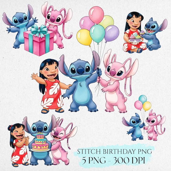 Lilo and Stitch Birthday Clipart, Lilo, Stitch & Angel Clipart PNG, Cute Lilo and Stitch PNG, Stitch Birthday PNG, Stitch Party Cliparts