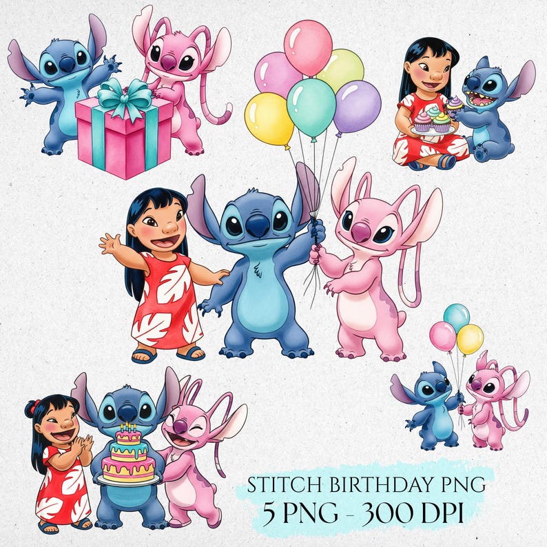 May include: A digital illustration featuring characters from the animated film Lilo & Stitch. The image includes Stitch, Angel, and Lilo, along with balloons, a gift, and a birthday cake. The text "STITCH BIRTHDAY PNG" is also present.