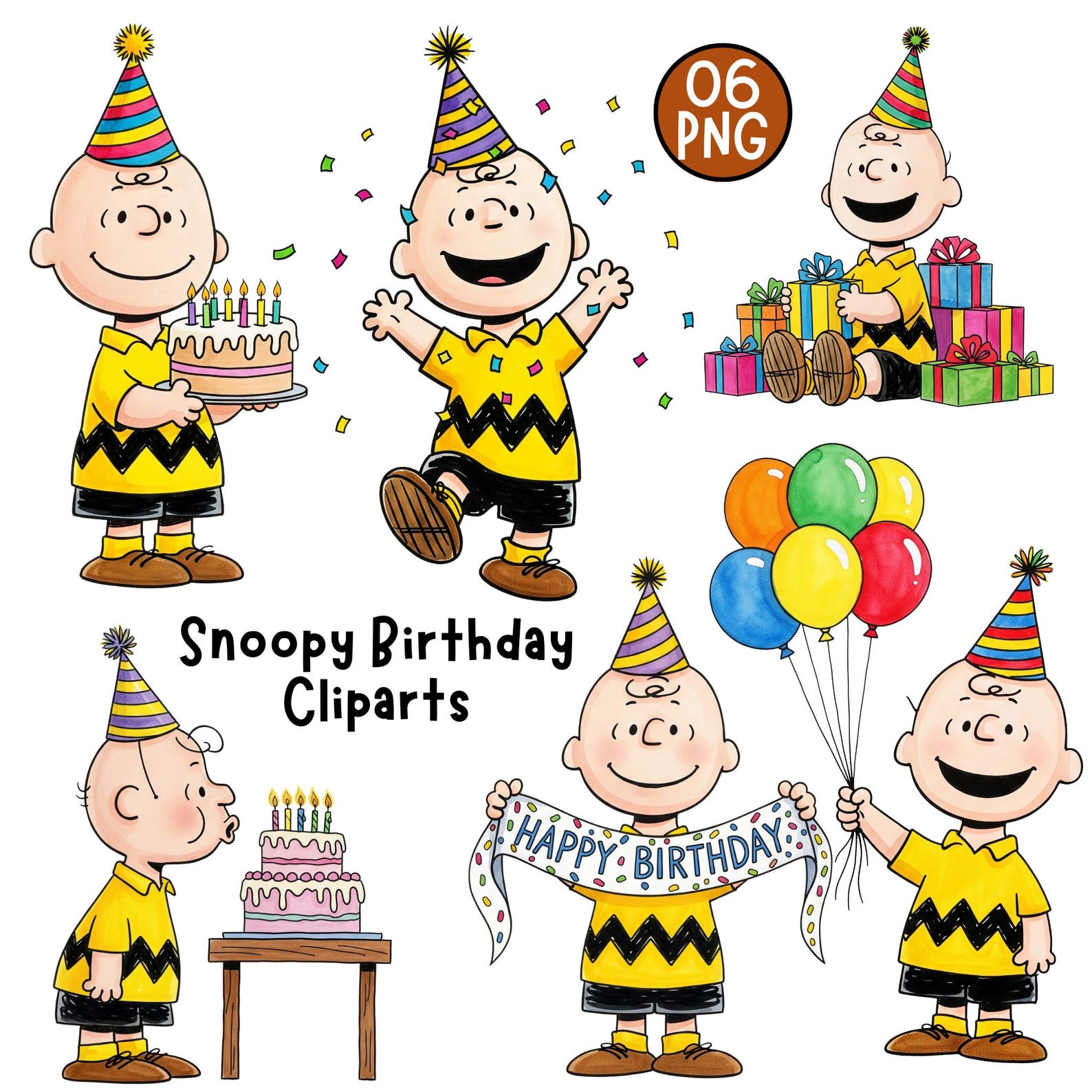 Charlie Brown Birthday Watercolor Clipart, Peanuts Cartoon Birthday PNG