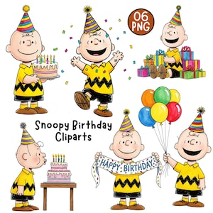 May include: A set of Snoopy birthday clip art illustrations. The images show Charlie Brown in a yellow shirt with a black zig-zag design, black shorts, and a party hat. Some images include birthday cakes, balloons, and presents.