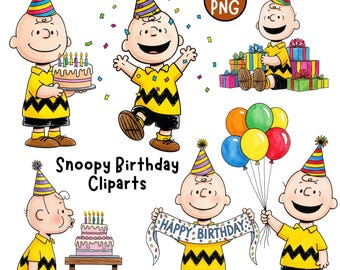 Charlie Brown Birthday Watercolor Clipart, Peanuts Cartoon Birthday PNG, Peanuts Birthday PNG, Charlie Brown Cake PNG, Charlie Cake Topper