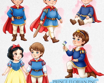 Clipart del piccolo principe Florian, PNG del grazioso principe Florian, stampabile del compleanno del principe Florian, coppia di Biancaneve, Baby Shower, grafica per feste per bambini