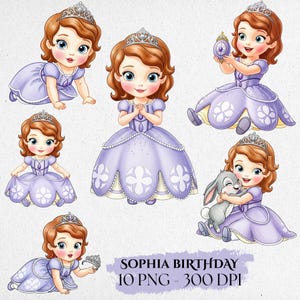 May include: Digital illustrations of a cartoon princess in a lavender dress and tiara. The princess is depicted in various poses, including crawling, holding a mirror, and hugging a rabbit. The text "SOPHIA BIRTHDAY 10 PNG - 300 DPI" is also included.