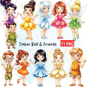 Puede incluir: Ilustración digital de once hadas, incluyendo Campanilla y sus amigas. Las hadas están representadas con varios tonos de piel, peinados y trajes coloridos. La imagen incluye el texto "Tinker Bell & Friends" y "11 PNG".
