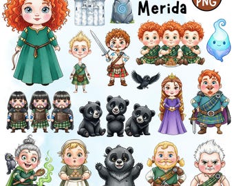 Cute Baby Merida Watercolor Cliparts PNG, Brave Clipart, Princess Cliparts, Fairytale, Red Hair Princess, Angus, Fatuus Fire, Brave Princess