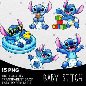 May include: A collection of cartoon illustrations featuring the character Baby Stitch. Stitch is depicted in various poses, including wearing sunglasses in a pool, holding a lollipop, playing with blocks, and wearing a diaper. The image includes the text "15 PNG" and "BABY STITCH."