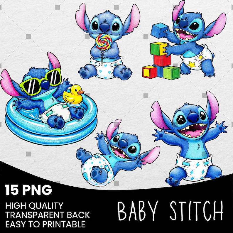 May include: A collection of cartoon illustrations featuring the character Baby Stitch. Stitch is depicted in various poses, including wearing sunglasses in a pool, holding a lollipop, playing with blocks, and wearing a diaper. The image includes the text "15 PNG" and "BABY STITCH."