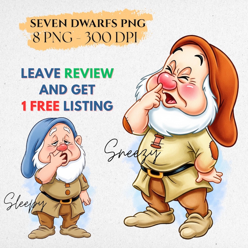 Pu&ograve; includere: Illustrazione digitale di due nani dei cartoni animati, Sleepy e Sneezy, di Biancaneve. Sleepy indossa un cappello blu e Sneezy un cappello marrone. Il testo include "SEVEN DWARFS PNG" e "LEAVE REVIEW AND GET 1 FREE LISTING."