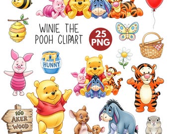 Baby Winnie the Pooh Watercolor Cliparts, Pooh Baby Shower, Classic Pooh PNG, Birthday Decorations, Hundred Acre Wood, Pooh and Friends PNG