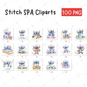 May include: A collection of watercolor clip art featuring the character Stitch in various spa-themed settings. The images include Stitch in a robe, with a towel on its head, and surrounded by spa accessories. The text "Stitch SPA Cliparts 100 PNG" is at the top.