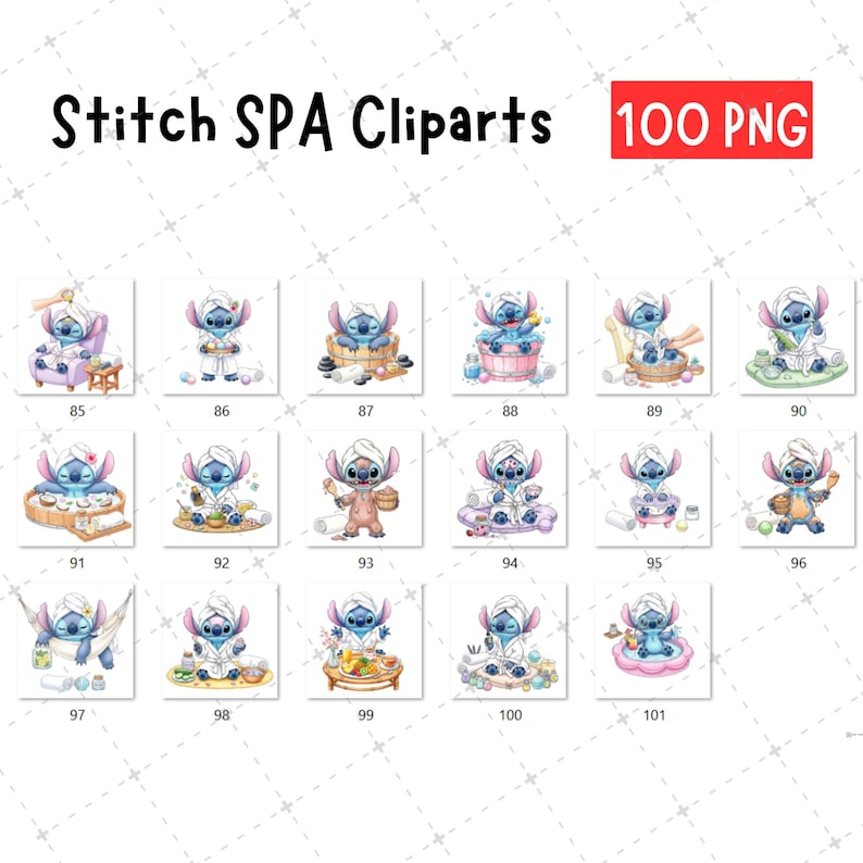 May include: A collection of watercolor clip art featuring the character Stitch in various spa-themed settings. The images include Stitch in a robe, with a towel on its head, and surrounded by spa accessories. The text "Stitch SPA Cliparts 100 PNG" is at the top.
