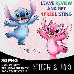 May include: A digital graphic featuring the characters Stitch and Angel from Lilo & Stitch. Stitch is blue, and Angel is pink, both with large ears and toothy grins. Text includes "Leave Review and Get 1 Free Listing," "Thank You!," and "Stitch & Lilo."