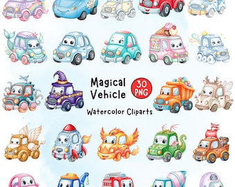 Magcial Vehicle Clipart PNG, Cars Watercolor Clipart, Cars Birthday Cake Topper, Trucks PNG, Printable Cars, Baby Shower, Kids Nursery Art