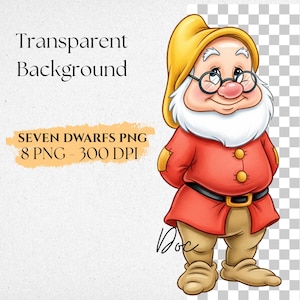 Pu&ograve; includere: Un'illustrazione digitale di Dotto dei Sette Nani. Dotto indossa un cappotto rosso, pantaloni beige e un cappello giallo. L'immagine include il testo "Transparent Background" e "SEVEN DWARFS PNG 8 PNG - 300 DPI".