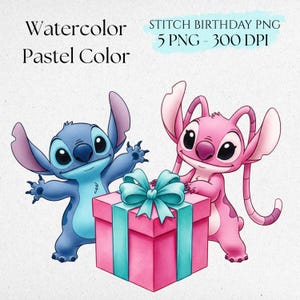 May include: Watercolor illustration featuring Stitch and Angel characters with a pink gift box. The gift box has a teal bow and accents. Text includes "Watercolor Pastel Color" and "Stitch Birthday PNG 5 PNG - 300 DPI".