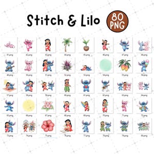 May include: A collection of 80 PNG images featuring characters from the animated film "Lilo & Stitch." The images include Stitch, Lilo, and tropical elements. The title "Stitch & Lilo" is displayed at the top.
