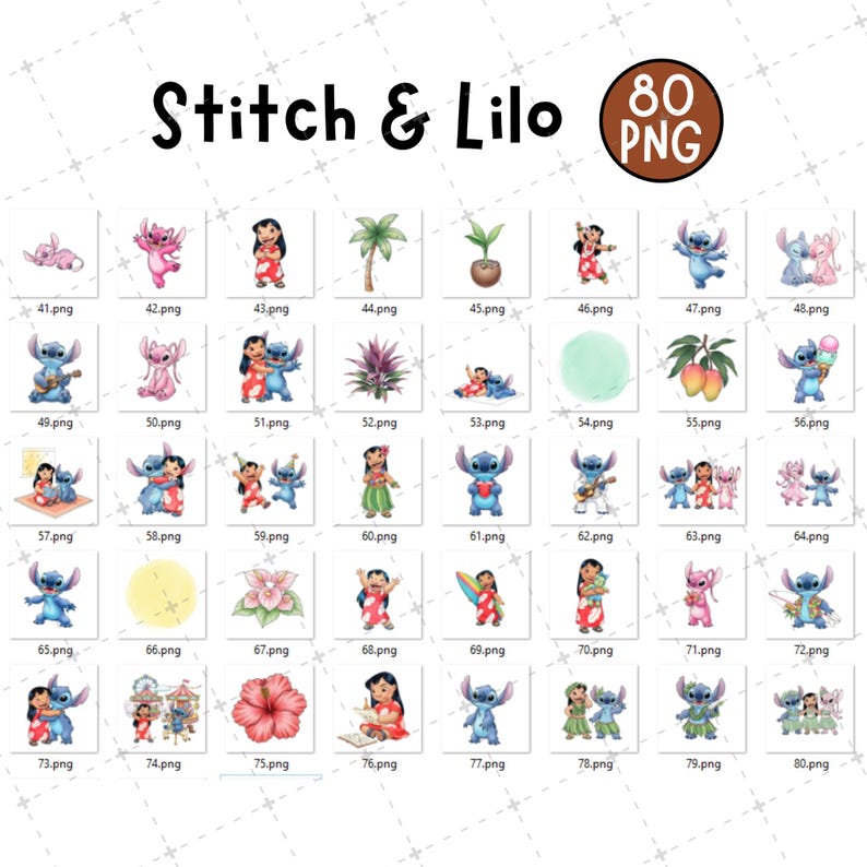 May include: A collection of 80 PNG images featuring characters from the animated film "Lilo & Stitch." The images include Stitch, Lilo, and tropical elements. The title "Stitch & Lilo" is displayed at the top.