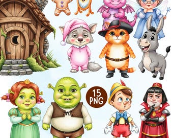 Cute Baby Shrek Cliparts, Little Shrek Cliparts, Donkey, Fiona, Puss in Boots & Friends Clipart, Fairytale Cliparts, Cute Cartoon PNG