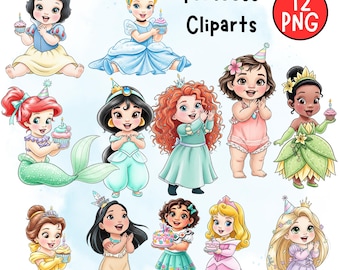 May include: A collection of 12 PNG princess cliparts. Each princess is depicted in a cartoon style, holding a cupcake with a lit candle. The princesses are wearing various gowns and dresses in a variety of colors, including blue, yellow, pink, and green.