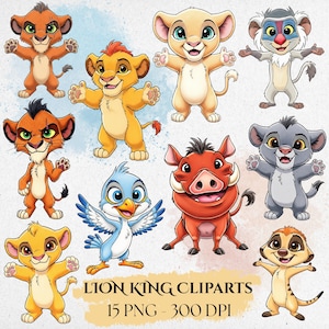 May include: A collection of colorful Lion King clip art images featuring various characters. The illustrations include Simba, Nala, Timon, Pumbaa, Zazu, and Rafiki, with the text "Lion King Cliparts" and "15 PNG - 300 DPI" at the bottom.