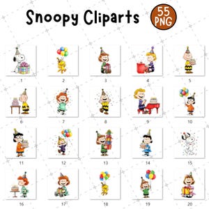 May include: A collection of 20 Snoopy character cliparts, each in a square frame. The characters are depicted in various birthday-themed scenes, holding gifts, balloons, and cakes. The words "Snoopy Cliparts" are at the top.