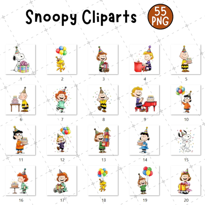 May include: A collection of 20 Snoopy character cliparts, each in a square frame. The characters are depicted in various birthday-themed scenes, holding gifts, balloons, and cakes. The words "Snoopy Cliparts" are at the top.