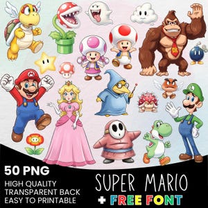 Super Mario Bros Watercolor Cliparts, Free Mario Font, Super Mario Clipart, Mario Cake Topper, Princess Peach, Luigi, Toad, Yoshi, Bowser