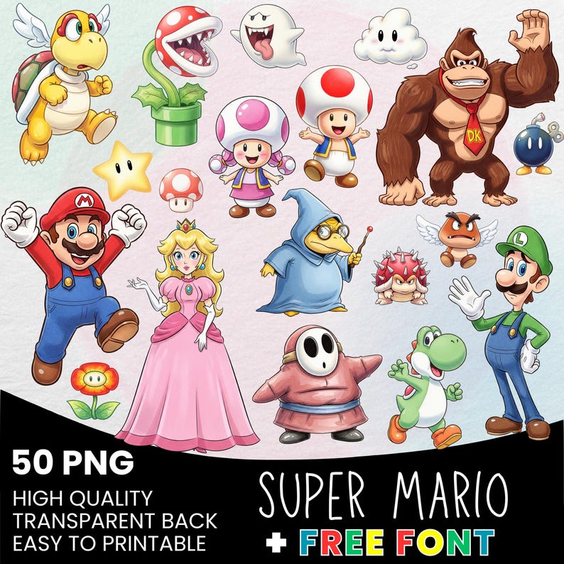 Pode incluir: Uma cole&ccedil;&atilde;o de personagens e elementos coloridos do Super Mario, incluindo Mario, Luigi, Princesa Peach e Donkey Kong. A imagem inclui o texto "50 PNG" e "SUPER MARIO + FREE FONT".