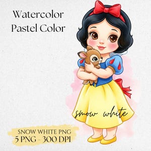 May include: Watercolor illustration of Snow White holding a fawn. She wears a yellow dress, blue sleeves, and a red bow. The image includes the text "Watercolor Pastel Color" and "Snow White PNG 5 PNG - 300 DPI".