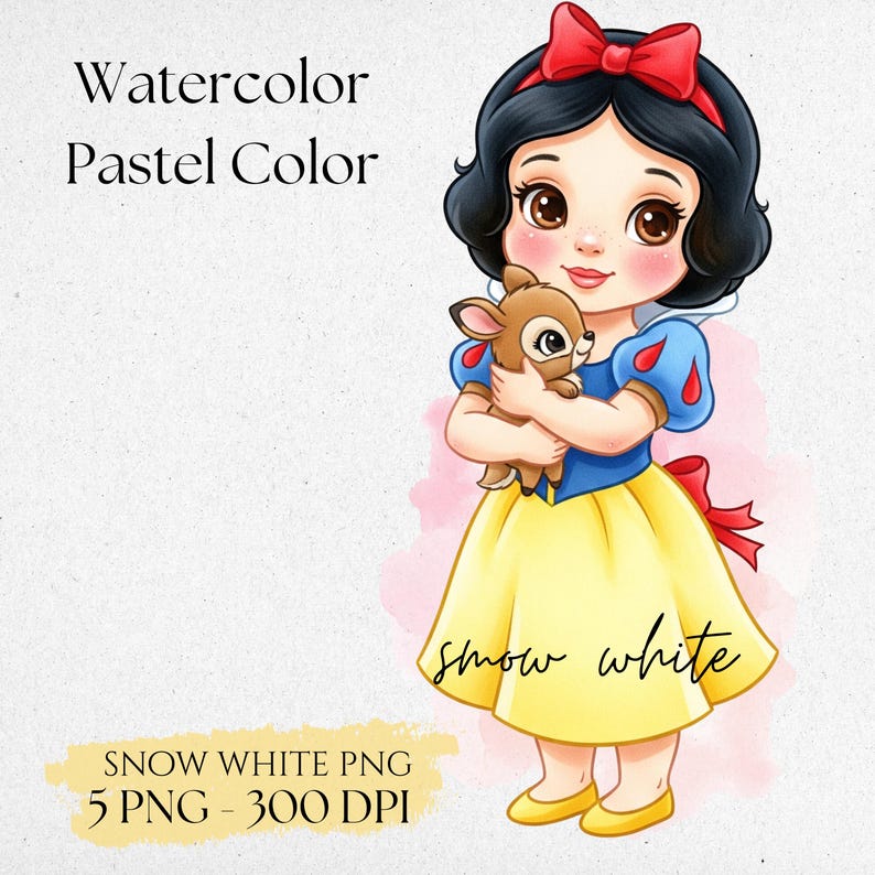 May include: Watercolor illustration of Snow White holding a fawn. She wears a yellow dress, blue sleeves, and a red bow. The image includes the text "Watercolor Pastel Color" and "Snow White PNG 5 PNG - 300 DPI".