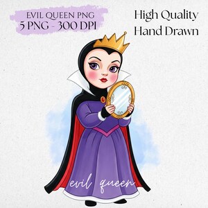 May include: Digital illustration of the Evil Queen, holding a golden mirror. She wears a purple dress, black cape with red lining, and a gold crown. Text includes "EVIL QUEEN PNG" and "High Quality Hand Drawn".