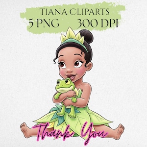 May include: A digital illustration of a young girl with dark hair and brown eyes, wearing a leaf-like dress and a crown. She is holding a green frog. The image includes the text "TIANA CLIPARTS", "5 PNG", "300 DPI", and "Thank You".