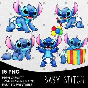 May include: A digital illustration featuring five images of Baby Stitch in various poses. The blue alien character wears a diaper and is shown with a crayon, balloons, and a gift. The text "Baby Stitch" is displayed.