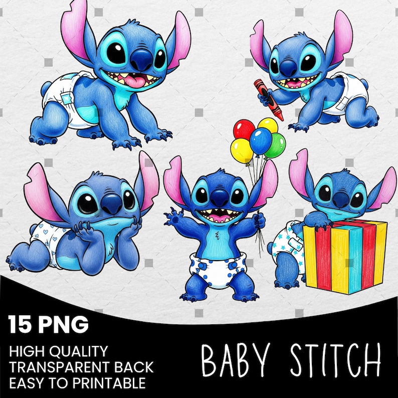 May include: A digital illustration featuring five images of Baby Stitch in various poses. The blue alien character wears a diaper and is shown with a crayon, balloons, and a gift. The text "Baby Stitch" is displayed.