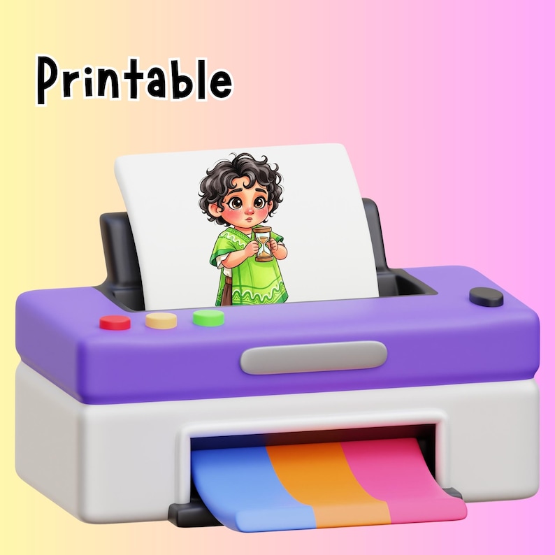 May include: A purple and white printer with a printed image of a cartoon character holding an hourglass. The image is labeled "Printable" in black text. The printer is printing a sheet with blue, orange, and pink stripes.