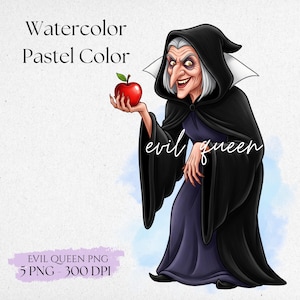 May include: A watercolour illustration of the Evil Queen, holding a red apple. She is dressed in a black hooded cloak and a purple dress. The image includes the text "evil queen". The words "Watercolor Pastel Color" are also present.