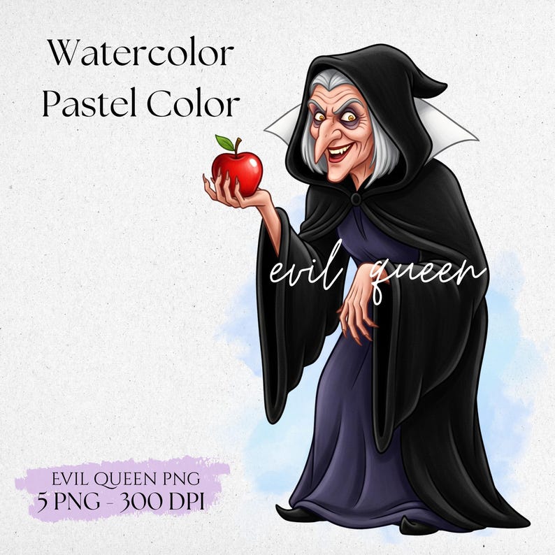 May include: A watercolour illustration of the Evil Queen, holding a red apple. She is dressed in a black hooded cloak and a purple dress. The image includes the text "evil queen". The words "Watercolor Pastel Color" are also present.