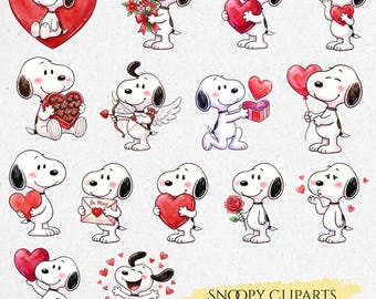 May include: A collection of Snoopy clip art images in various poses, holding hearts, flowers, and gifts. The images are in a watercolor style, with a white background. Text at the bottom reads "Snoopy Cliparts 15 PNG - 300 DPI".