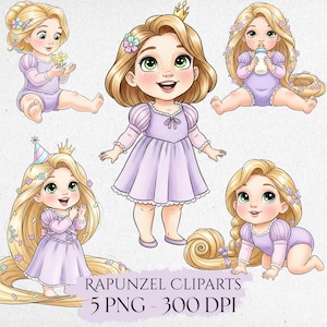 Cute Baby Rapunzel Clipart Watercolor PNG, Princess PNG, Cute Baby Princess Clipart, Fairytale, Nursery Decor, Rapunzel Clipart, Hand Drawn