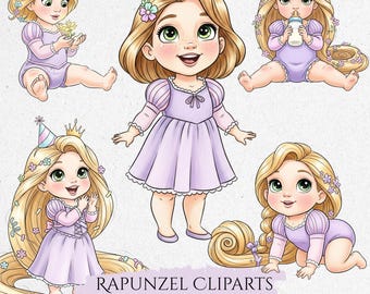 Linda bebé Rapunzel Clipart Acuarela PNG, Princesa PNG, Linda bebé princesa Clipart, Cuento de hadas, Decoración infantil, Rapunzel Clipart, Dibujado a mano