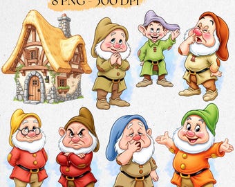 Clipart PNG dei sette nani, Acquerello dei sette nani, Cottage PNG, Carini nani acquerellati, Dottore, Brontolone, Felice, Sonnolento, Timido, Starnuto, Cucciolo