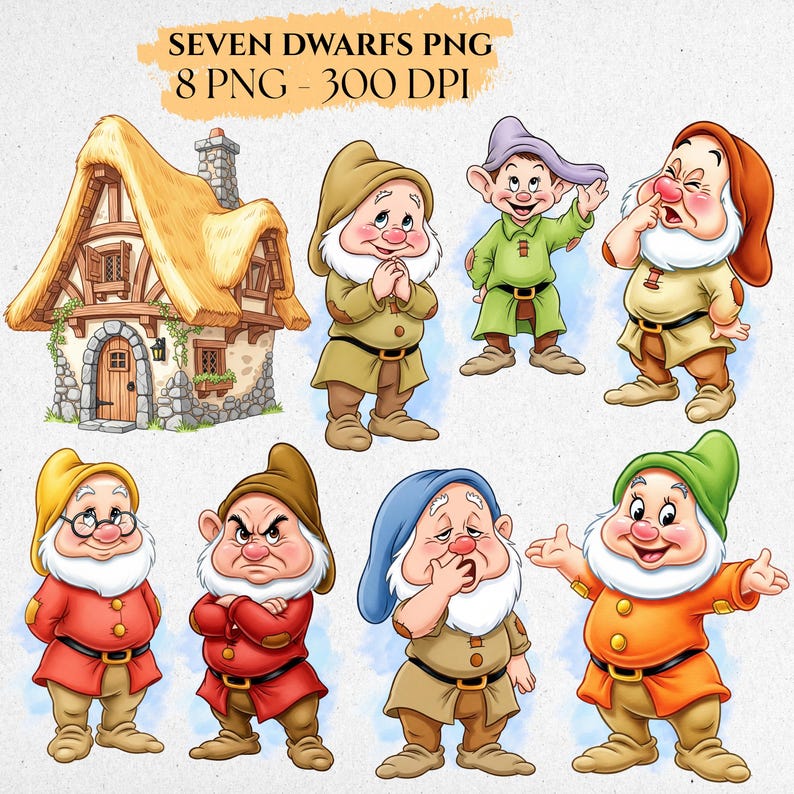 Pu&ograve; includere: Illustrazione digitale dei Sette Nani di Biancaneve, ognuno con espressioni e abiti distinti. L'immagine include un cottage con tetto di paglia e il testo "SEVEN DWARFS PNG 8 PNG - 300 DPI".