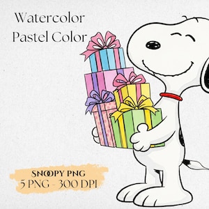 K&ouml;nnte beinhalten: Aquarell-Illustration von Snoopy, der einen Stapel bunter Geschenkboxen mit Schleifen h&auml;lt. Der Text "Watercolor Pastel Color" steht oben und "Snoopy PNG 5 PNG - 300 DPI" unten. Die Geschenke sind in Rosa, Blau, Gelb und Gr&uuml;n gehalten.