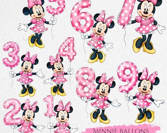 Minnie Mouse Balloon Clipart, Minnie with Balloons 1–9, Minnie Birthday Clipart, Minnie Party Decor, Minnie Birthday, Minnie Cake Topper PNG