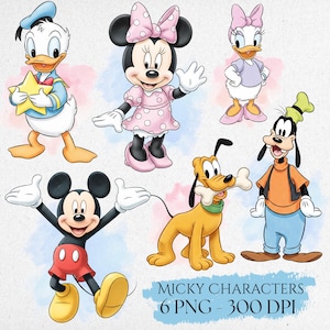 Puede incluir: Ilustración digital de seis personajes de dibujos animados de Disney: Mickey Mouse, Minnie Mouse, Pato Donald, Pata Daisy, Goofy y Pluto. Los personajes están sobre un fondo de acuarela. El texto en la parte inferior dice "MICKY CHARACTERS 6 PNG - 300 DPI."