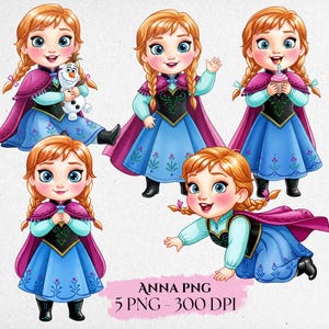 Puede incluir: Ilustraciones digitales de un personaje de dibujos animados con cabello rojo, vestido con un vestido azul y una capa púrpura. El personaje se muestra en varias poses, incluyendo sosteniendo un muñeco de nieve y saludando. Incluye el texto "ANNA PNG 5 PNG - 300 DPI."