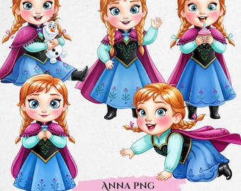 May include: Digital illustrations of a cartoon character with red hair in a blue dress and purple cape. The character is shown in various poses, including holding a snowman and waving. The image includes the text "ANNA PNG 5 PNG - 300 DPI."